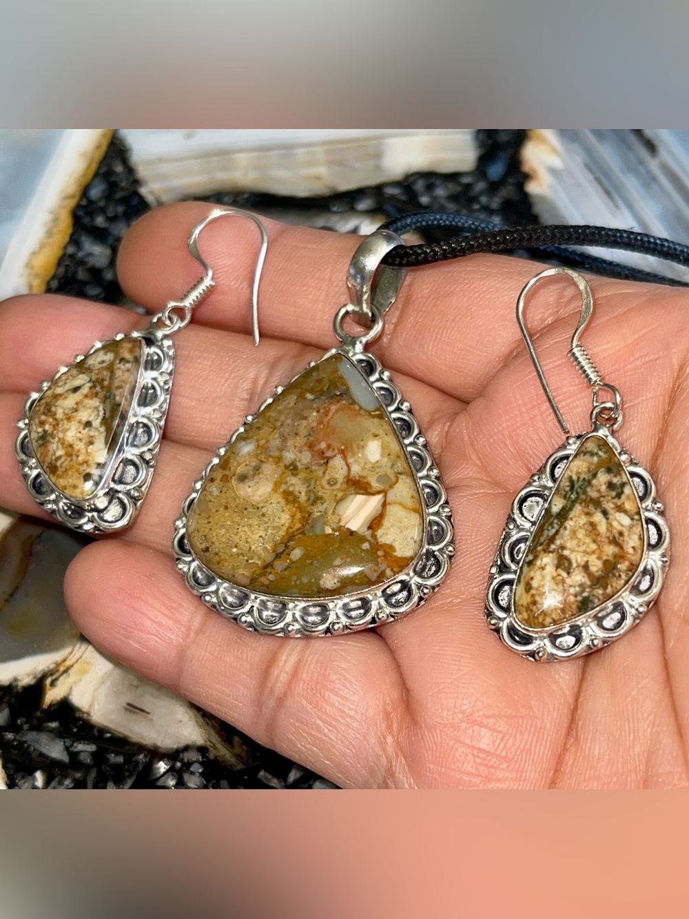 Rainforest Jasper Rhyolite Pendant & Earrings Set